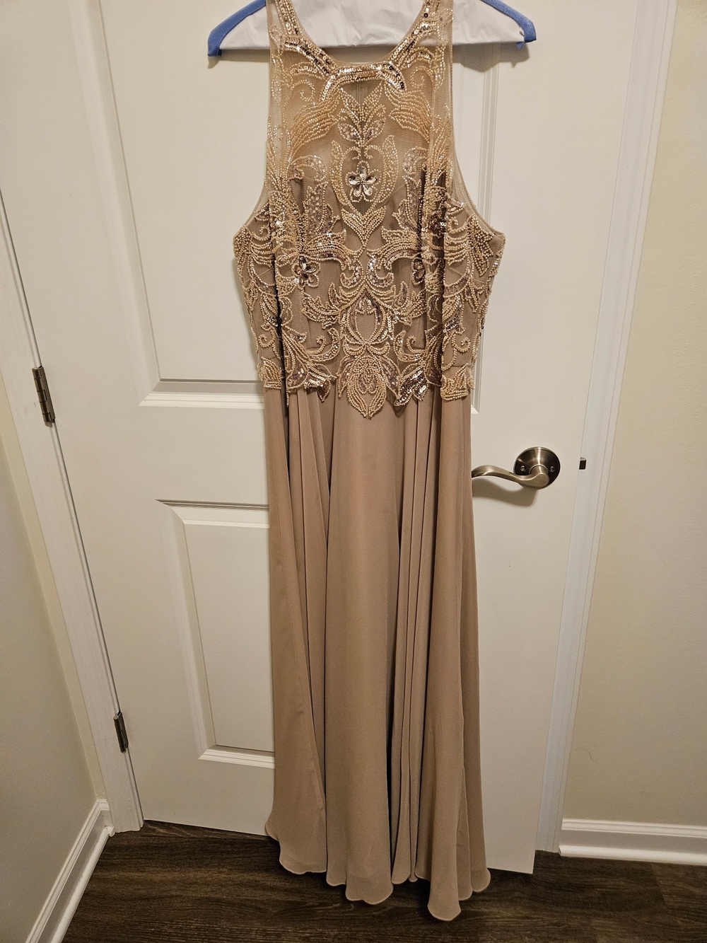 Embellished Taupe Beaded High-Neck Evening Gown
